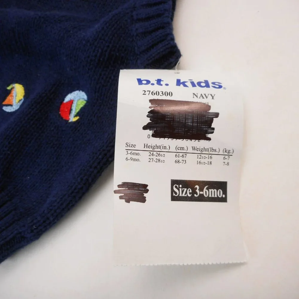 B.T. Kids Baby Boys Size 3-6 Mo Navy Blue Sweater Vest Sailboats Sailing NWT